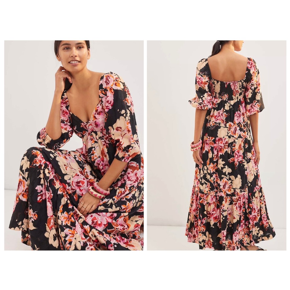 Anthropologie Pink Black Floral Puff Sleeve Smocked Tiered Maxi Dress XS